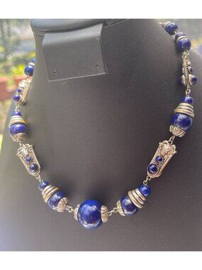 Vtg Art Deco Czech Lapis Blue Glass Beaded Necklace W/ Silver Ram Heads Aries Zo
